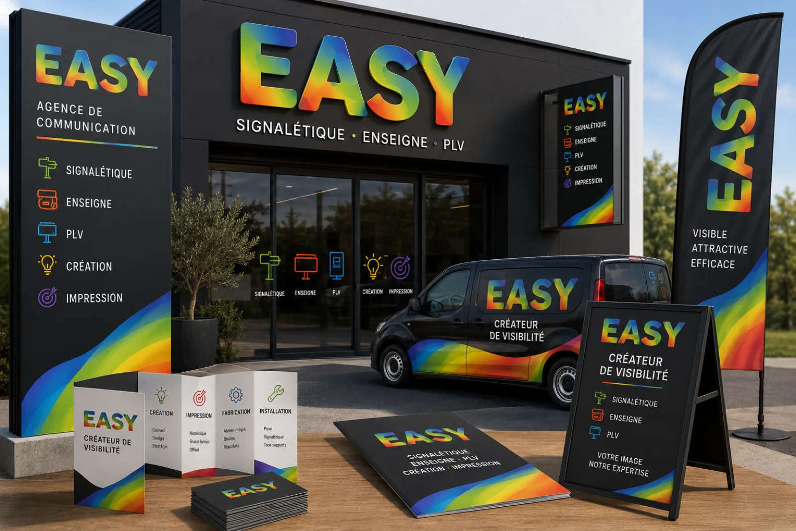 Devanture de l'Agence Easy : enseigne de façade en lettres découpées, totem « Agence de communication », drapeau, véhicule habillé, chevalet et brochures aux couleurs de la marque — signalétique, enseigne, PLV, création, impression.
