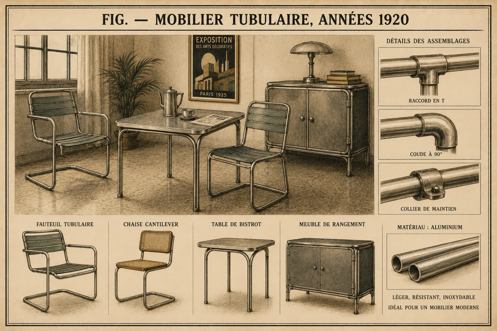 Planche ancienne : intérieur des années 1920 meublé en tube d'aluminium — fauteuil, chaise cantilever, table de bistrot, meuble de rangement — avec le détail des assemblages : raccord en T, coude à 90°, collier de maintien.