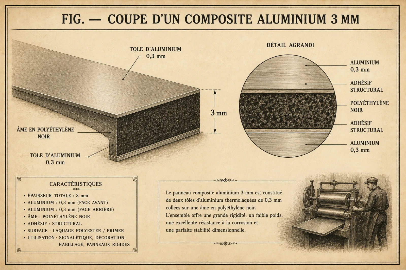 Planche technique : coupe d'un panneau composite aluminium de 3 mm — deux tôles d'aluminium de 0,3 mm collées par adhésif structural sur une âme en polyéthylène noir — avec un détail agrandi des couches.