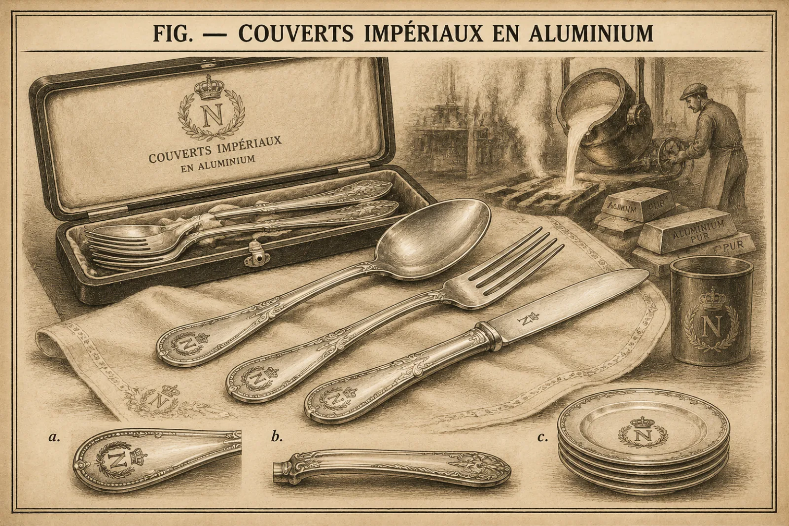Planche ancienne : couverts impériaux en aluminium au chiffre de Napoléon III — coffret, cuillère, fourchette, couteau, gobelet et assiettes — avec, à l'arrière-plan, une coulée d'aluminium et des lingots d'aluminium pur.