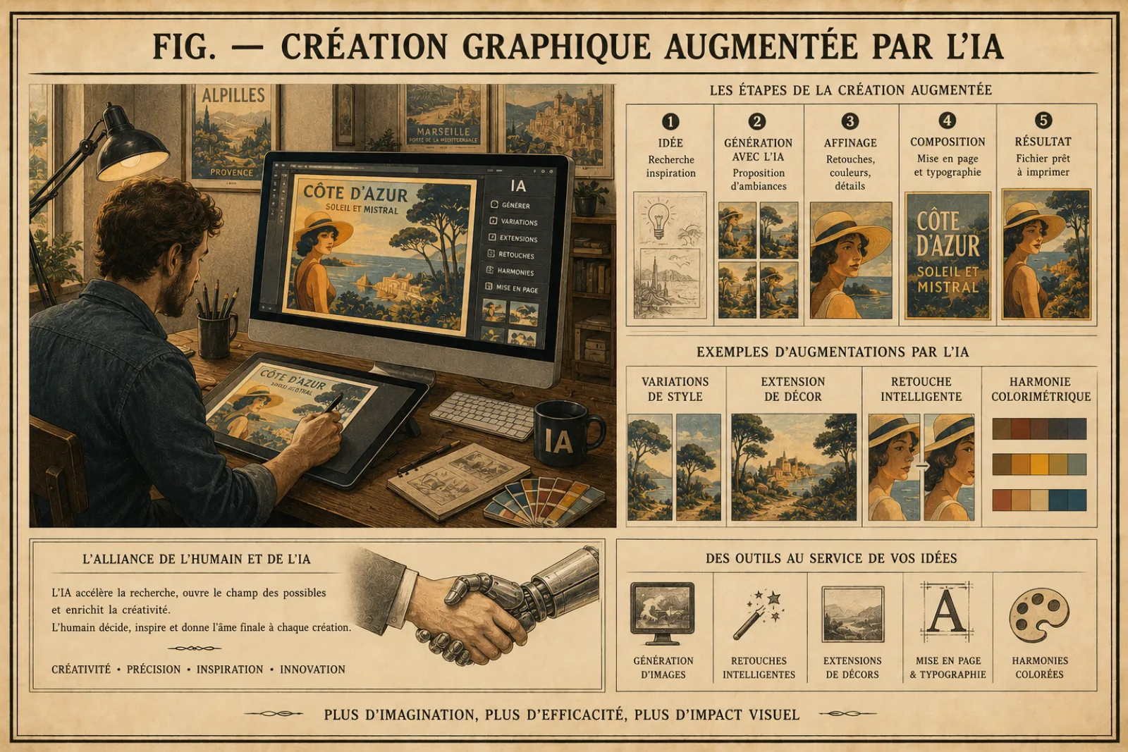 Planche : un graphiste retouche à la tablette une affiche « Côte d'Azur » affichée sur son écran, entouré des cinq étapes de la création augmentée — idée, génération, affinage, composition, résultat — et d'une poignée de main entre une main humaine et une main mécanique.