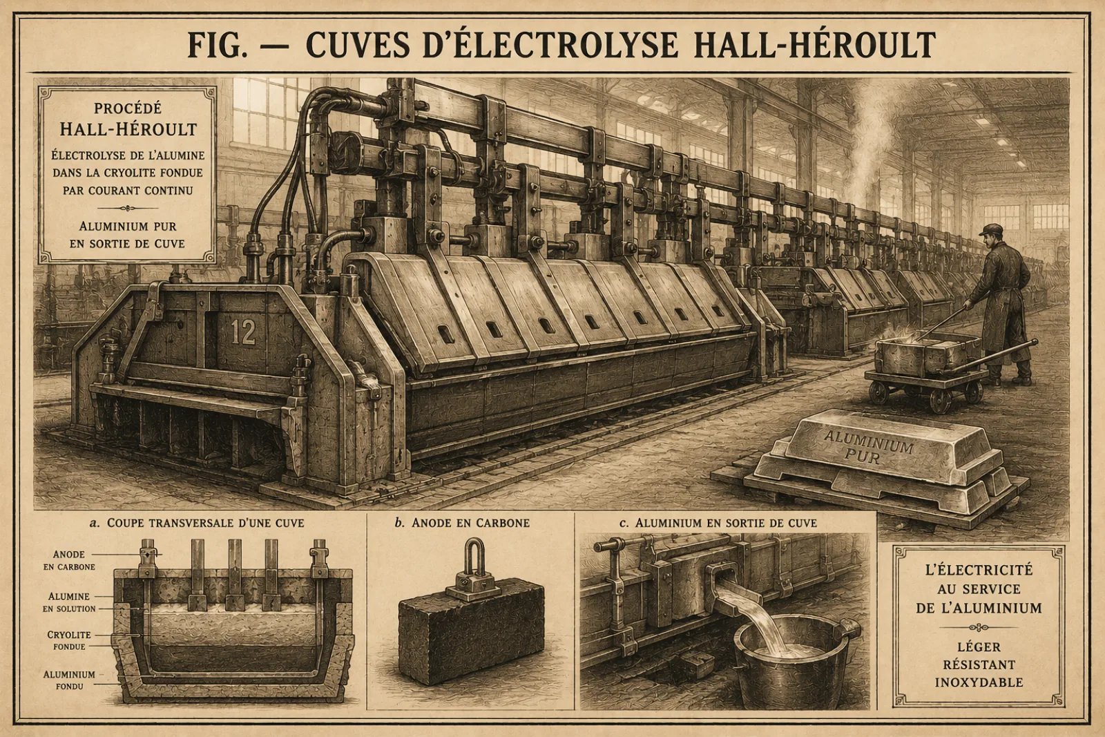 Planche ancienne : rangée de cuves d'électrolyse Hall-Héroult dans une halle d'usine, un ouvrier convoyant le métal en fusion, avec la coupe d'une cuve — anode en carbone, alumine, cryolithe fondue, aluminium liquide — et un lingot d'aluminium pur.