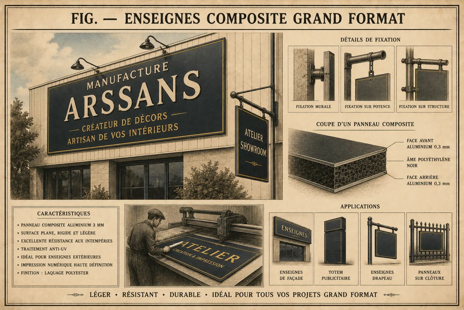 Planche technique : enseigne de façade en composite aluminium et enseigne drapeau, avec les trois modes de fixation — murale, sur potence, sur structure —, la coupe du panneau et les applications : façade, totem, drapeau, panneau sur clôture.