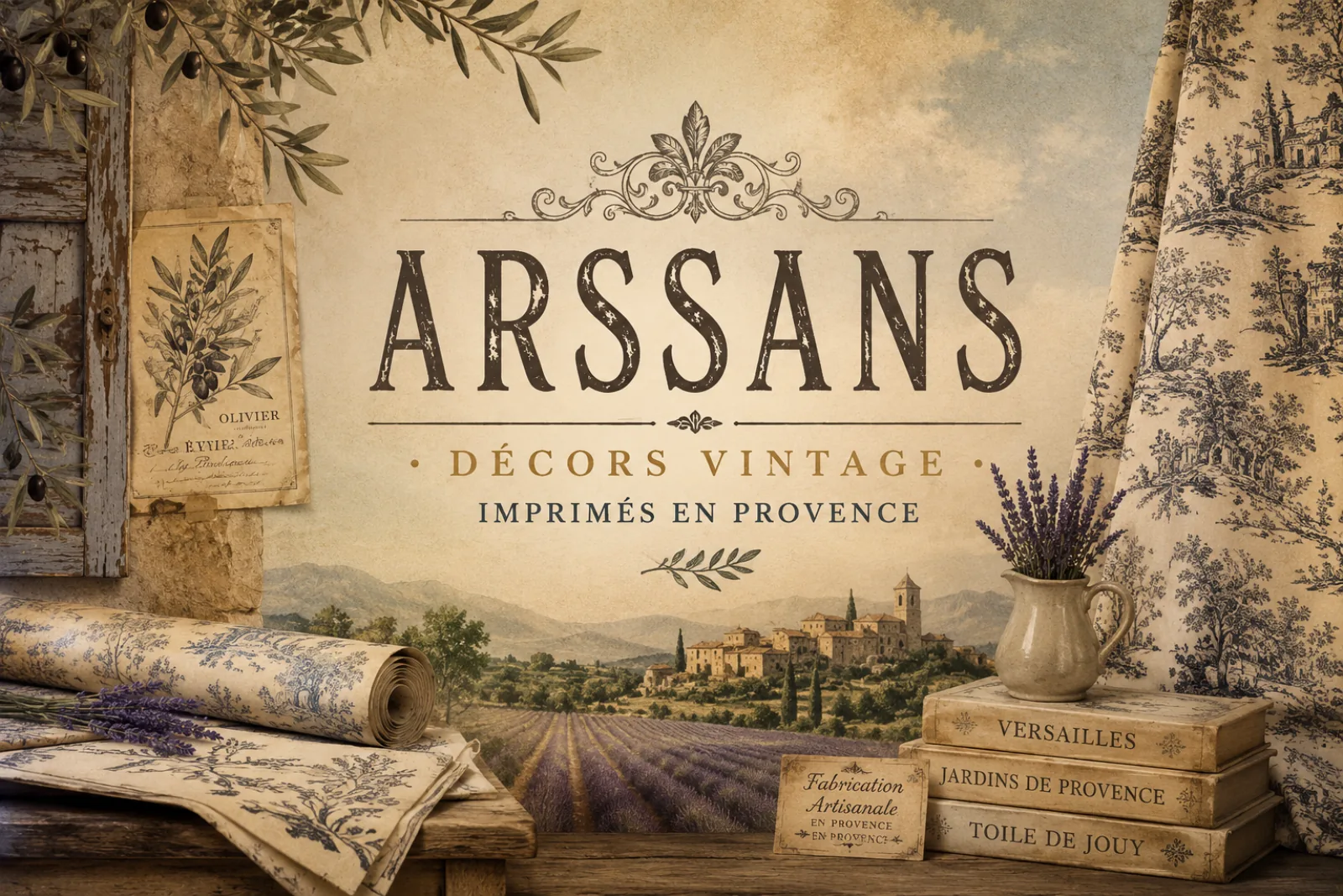 Composition Manufacture Arssans : « Décors vintage imprimés en Provence » sur un champ de lavande et un village perché, entourée de toile de Jouy, de branches d'olivier et de livres anciens — Versailles, Jardins de Provence, Toile de Jouy.