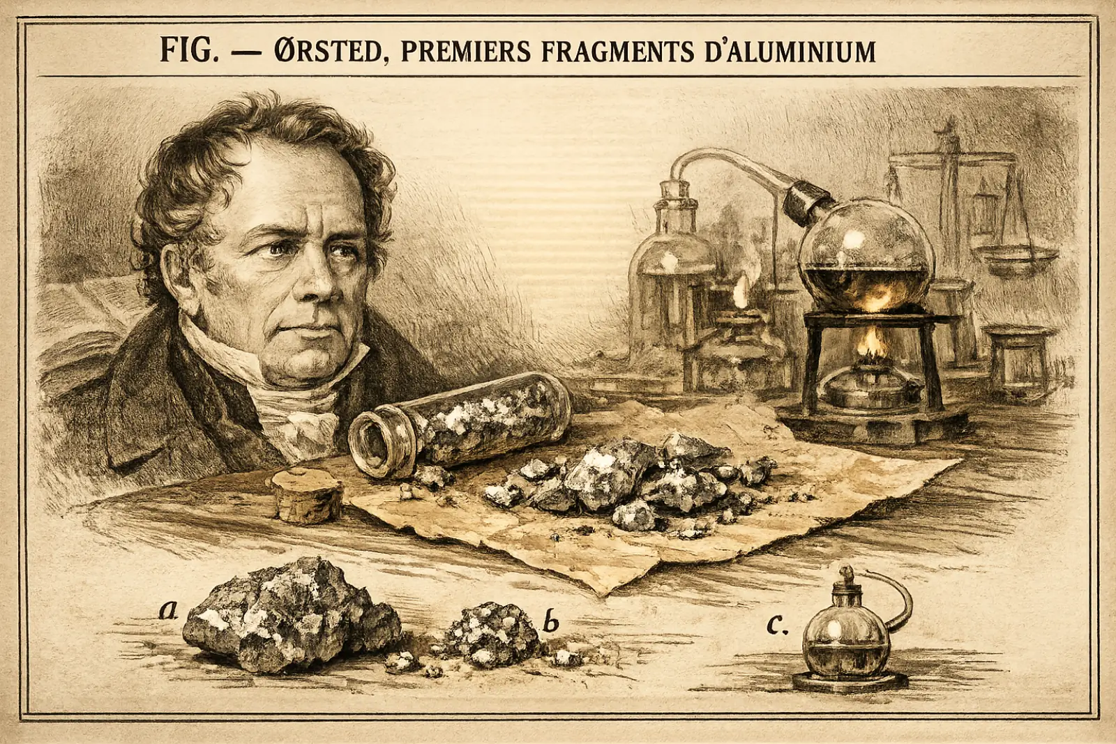 Gravure ancienne : le chimiste Hans Christian Ørsted à sa paillasse, devant les premiers fragments d'aluminium isolés en 1825, un flacon d'échantillons et un montage de distillation.