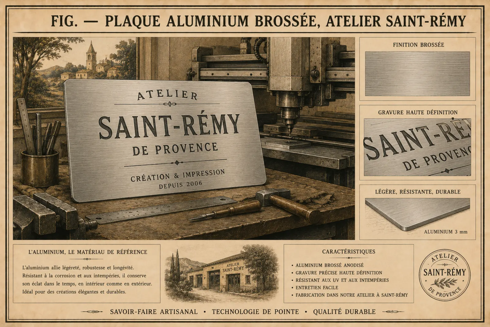 Planche technique : plaque en aluminium brossé gravée « Atelier Saint-Rémy-de-Provence » devant une fraiseuse numérique, avec les détails de la finition brossée, de la gravure haute définition et du chant d'une plaque de 3 mm.