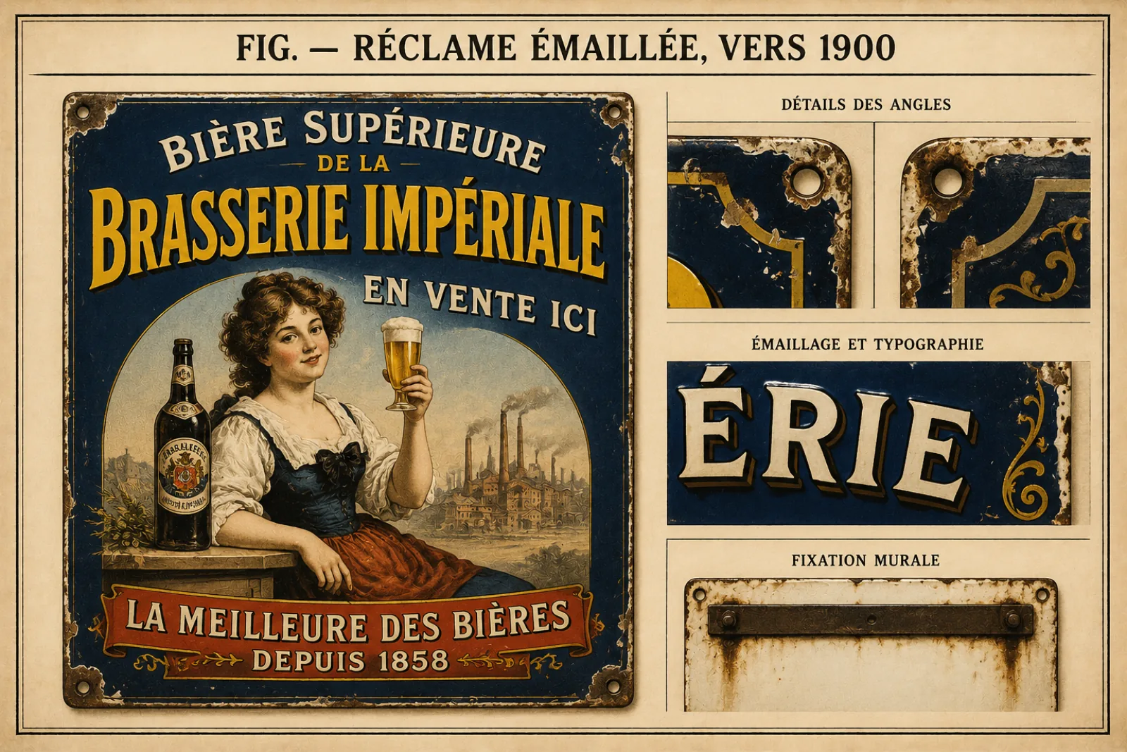 Planche ancienne : réclame émaillée « Bière supérieure de la Brasserie Impériale — en vente ici », une serveuse levant un verre devant des cheminées d'usine, avec les détails des angles rivetés, de l'émaillage en relief et de la fixation murale.