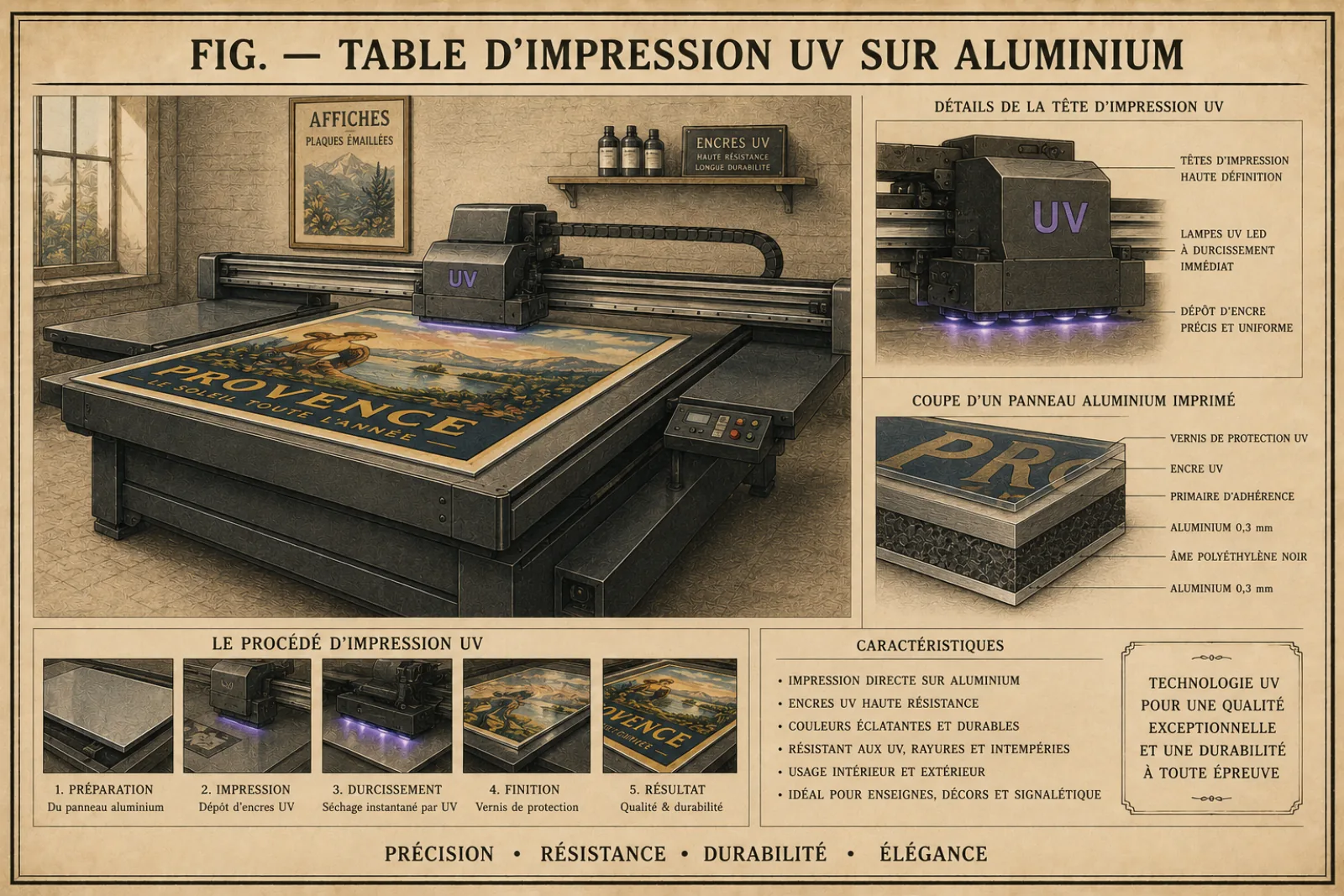 Planche technique : table d'impression UV à plat imprimant une affiche « Provence » sur un panneau aluminium, avec le détail des têtes d'impression et des lampes LED à durcissement immédiat, et la coupe des couches — vernis de protection, encre UV, primaire d'adhérence, aluminium 0,3 mm, âme polyéthylène.